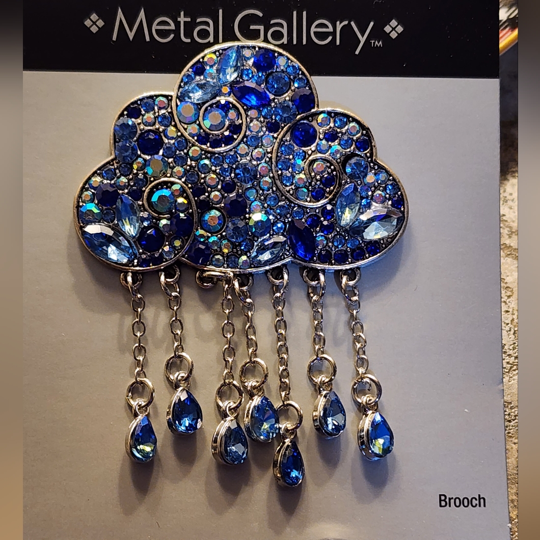 Metal Gallery Silver Tone Rain Cloud Rhinestone Brooch Multi Blue Rhinestones